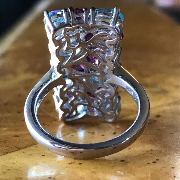 Natural Rhodolite Garnet Blue Zircon Sterling Silver Cocktail Ring Size 6 - Picture 4 of 9